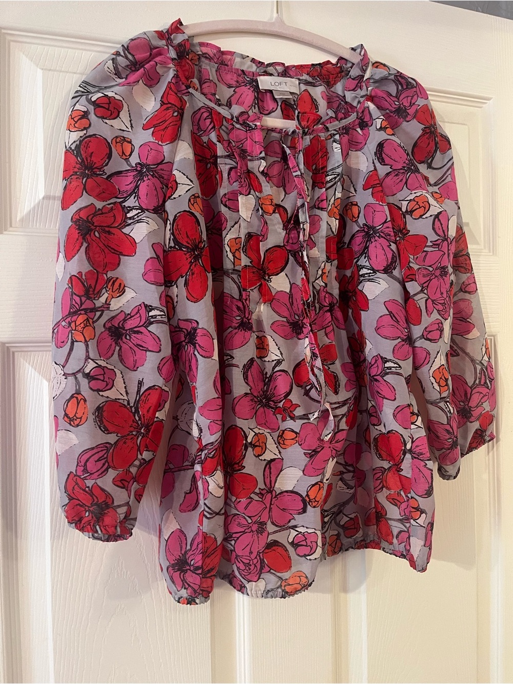 LOFT Red & Pink Floral Peasant Top